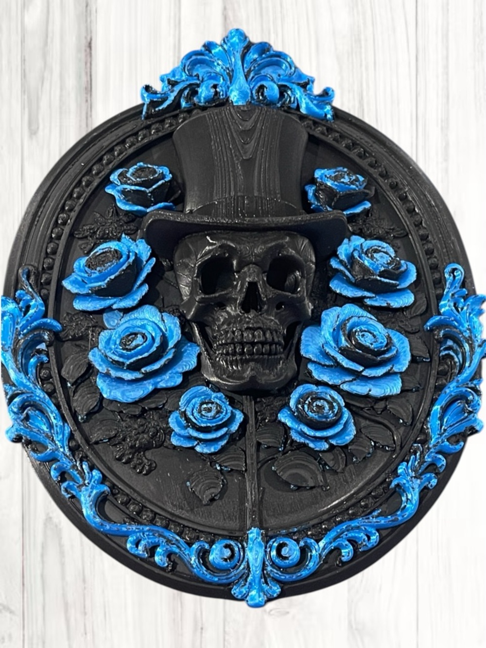 Handcrafted 3d Black Skull Plaque with Blue Roses & Scrolls